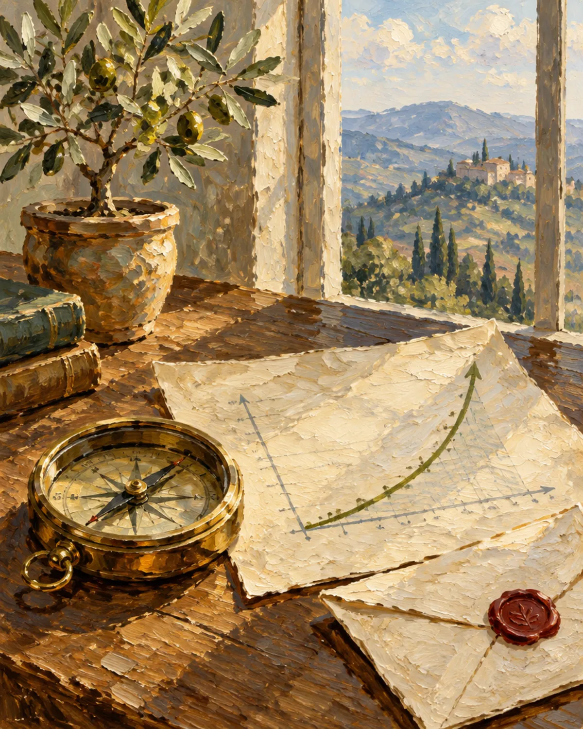 Oil painting of a brass compass, a steeply rising hand-drawn chart and a sealed letter on a study desk