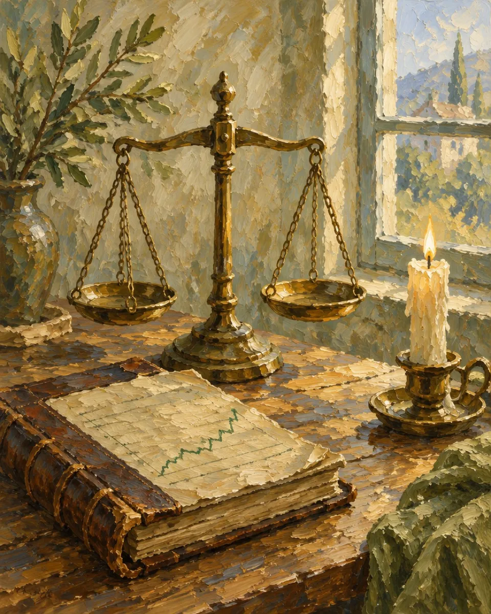 Oil painting of brass scales, a ledger and a candle by a window