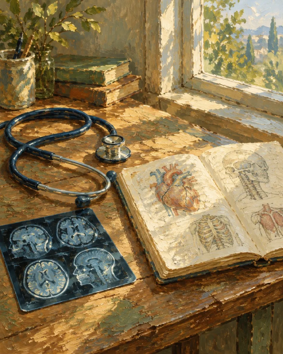 Oil painting of a stethoscope and anatomy notebook on a desk by a window