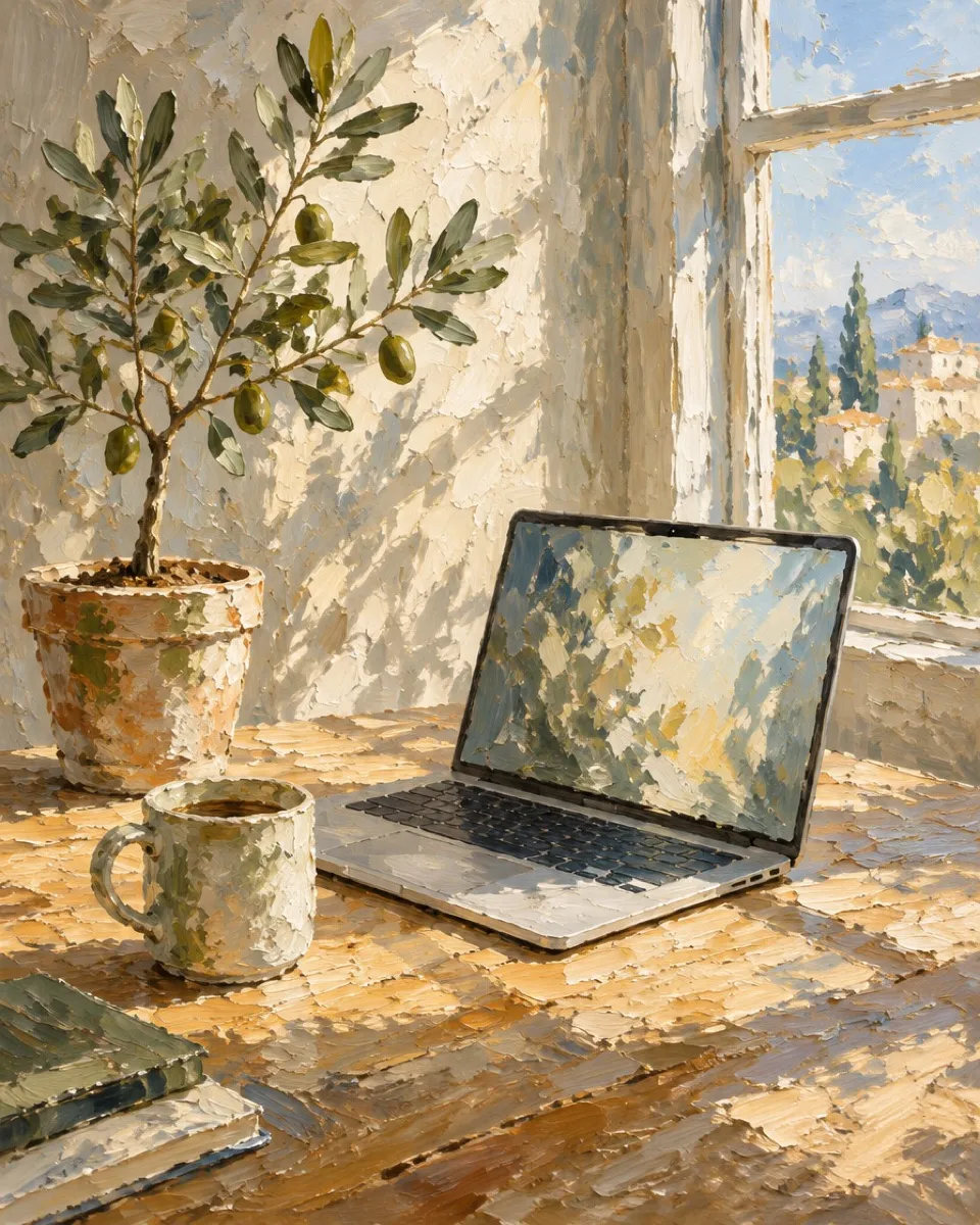 Oil painting of a laptop and an olive sapling on a sunlit studio table