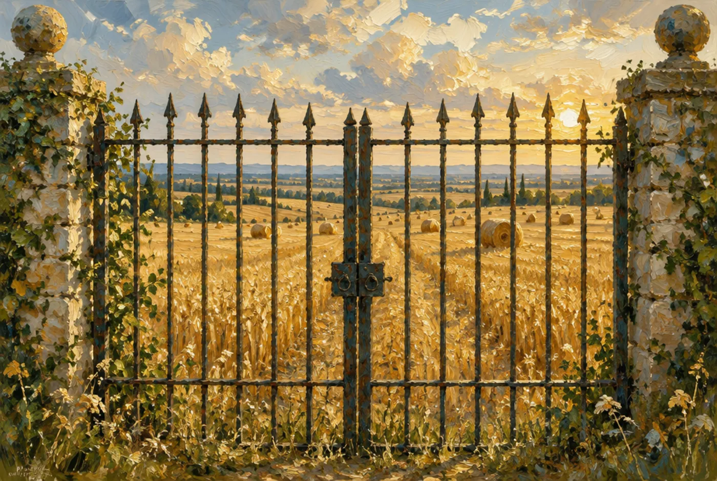 Oil painting of a vast golden wheat field at harvest, seen through a tall closed iron gate