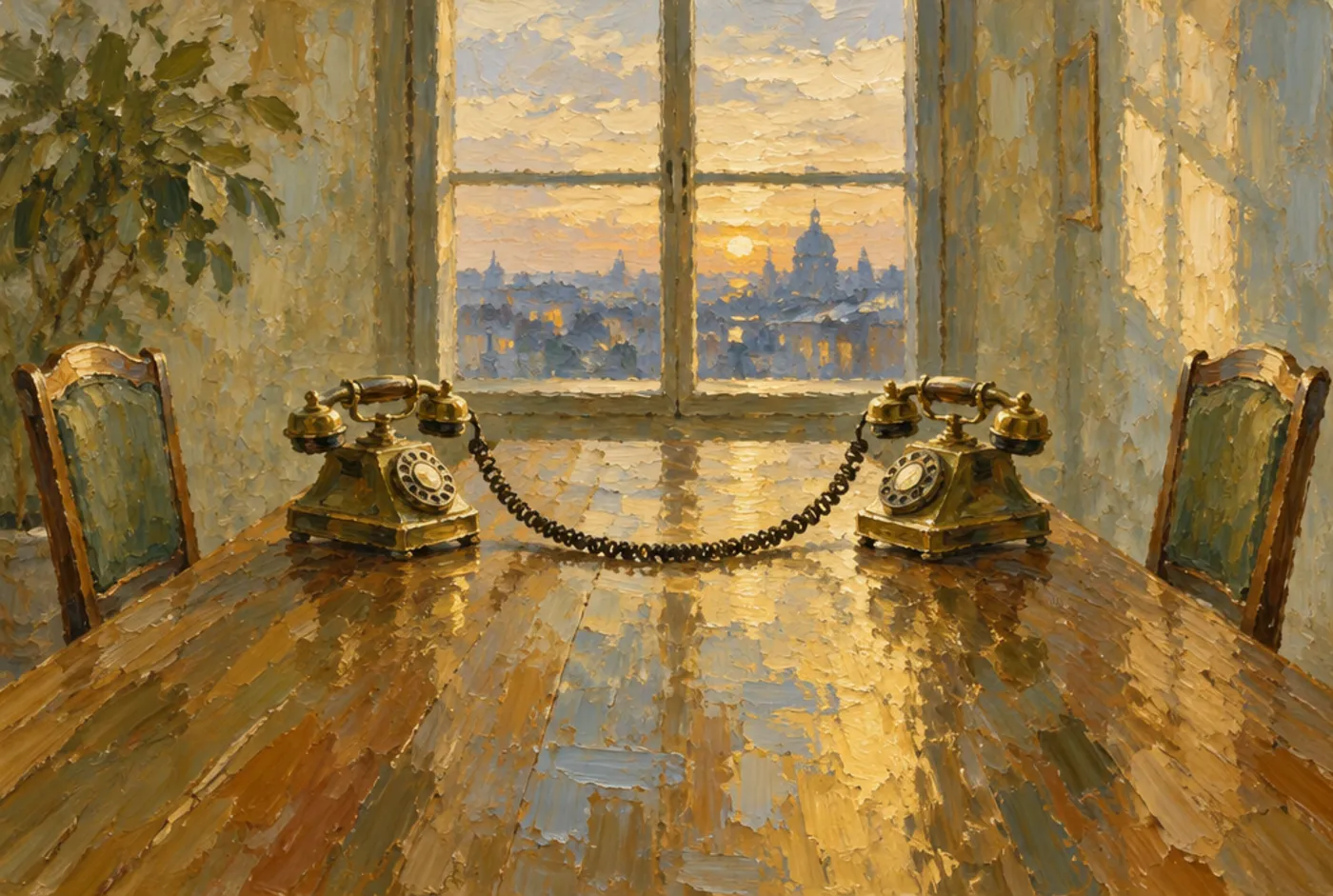 Oil painting of two antique telephones facing each other on a long table, their cords joined, two empty chairs pushed back