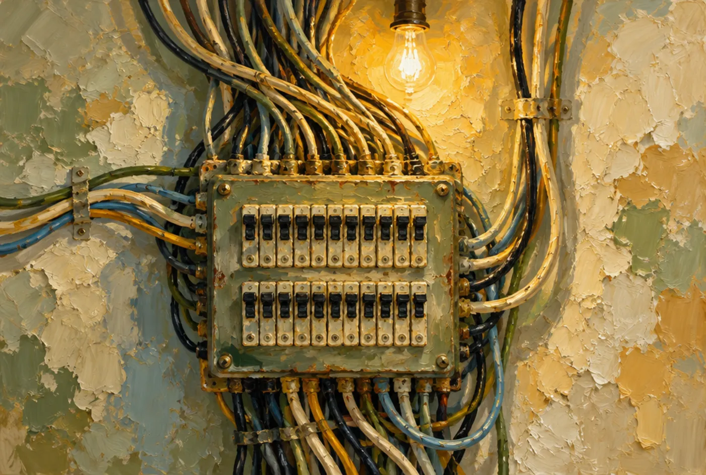 Oil painting of an old household fuse panel crowded with far too many new wires, under a single warm bulb