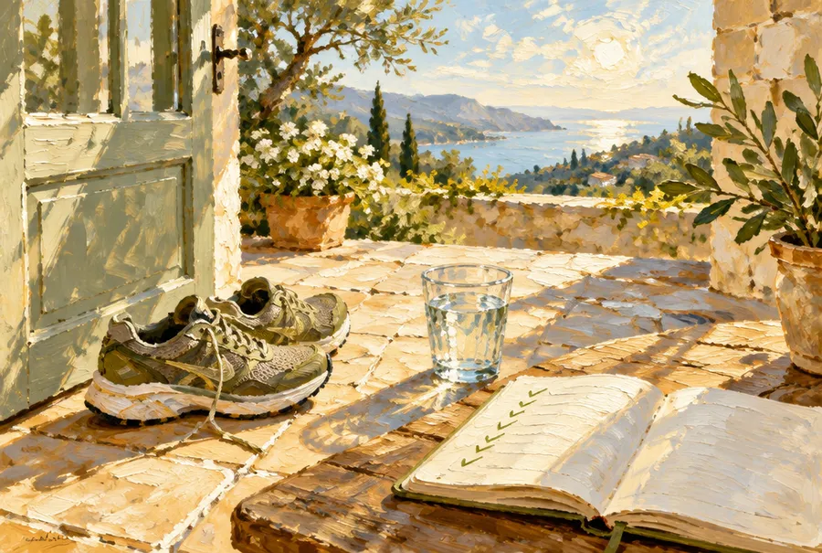 Oil painting of a sunlit terrace with running shoes, a glass of water and a journal of green check marks