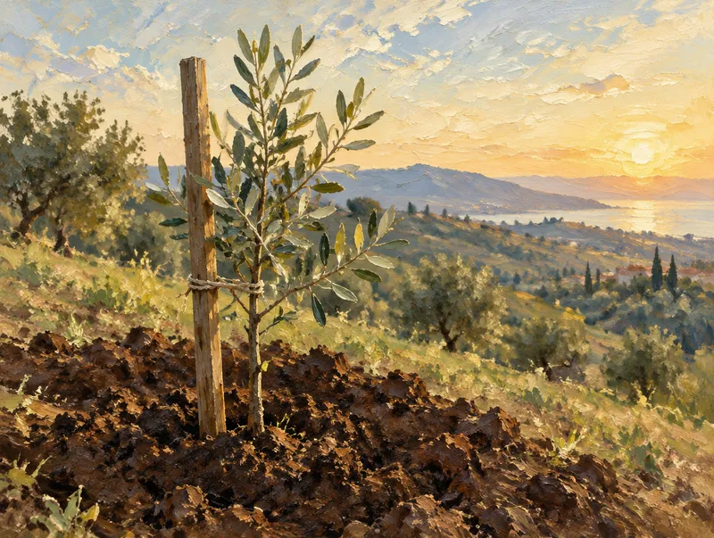 Oil painting of a young olive sapling newly planted on a hillside at dawn