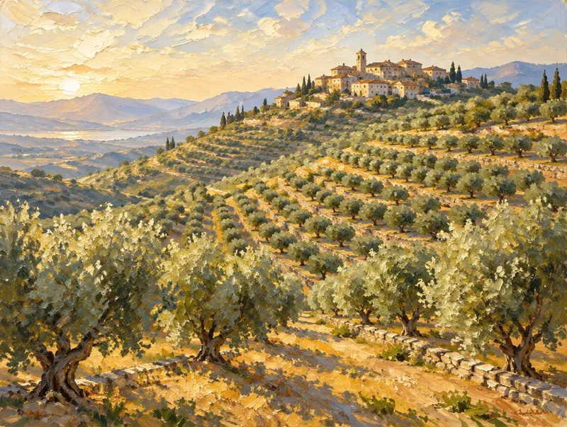 Oil painting of terraced olive groves climbing a sunlit hillside
