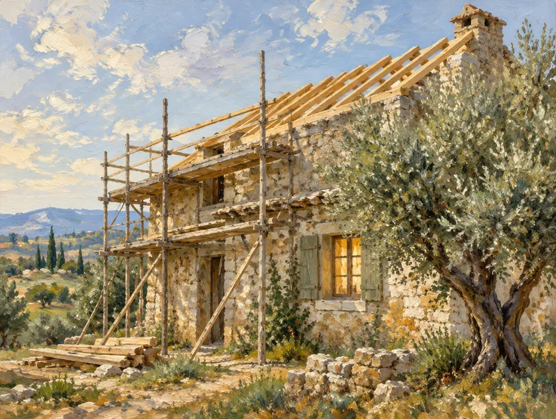 Oil painting of an old stone farmhouse being restored, new roof beams in morning light